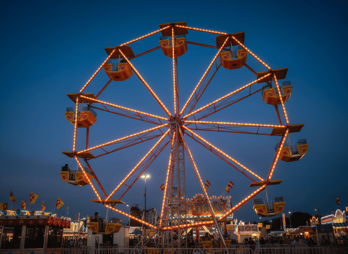 The 40-foot Ferris wheel lit for evening operation on the midway